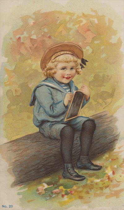Little Boy in Sailor Suit Sitting on Log Doing His Homework by American School